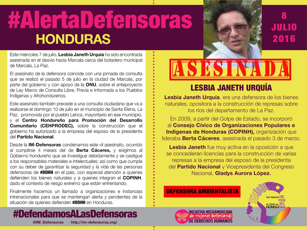 #AlertaDefensoras HONDURAS / Asesinada Lesbia Janeth Urquía, defensora ambientalista integrante del <a href="/COPINHHONDURAS/">COPINH</a>