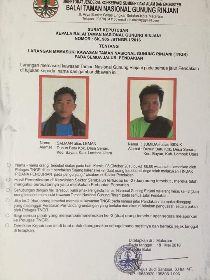 Bagi yang akan mendaki Gn.Rinjani harap melaporkan bila mendapati kedua orang tsb masuk kawasan Taman Nasional.