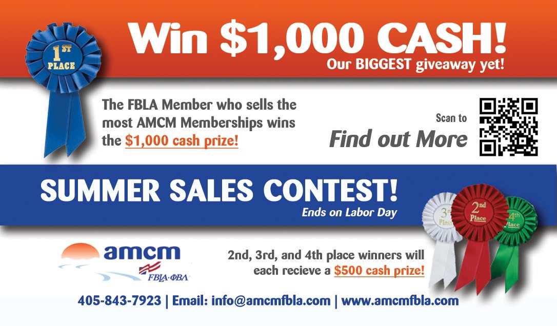 amcm_online's tweet photo. ATTN:  FBLA MEMBERS

Summer Sales Contest-Win $1,000 cash

@FBLA_National #FBLA #NLC16FBLA https://t.co/Y4ASmFC941