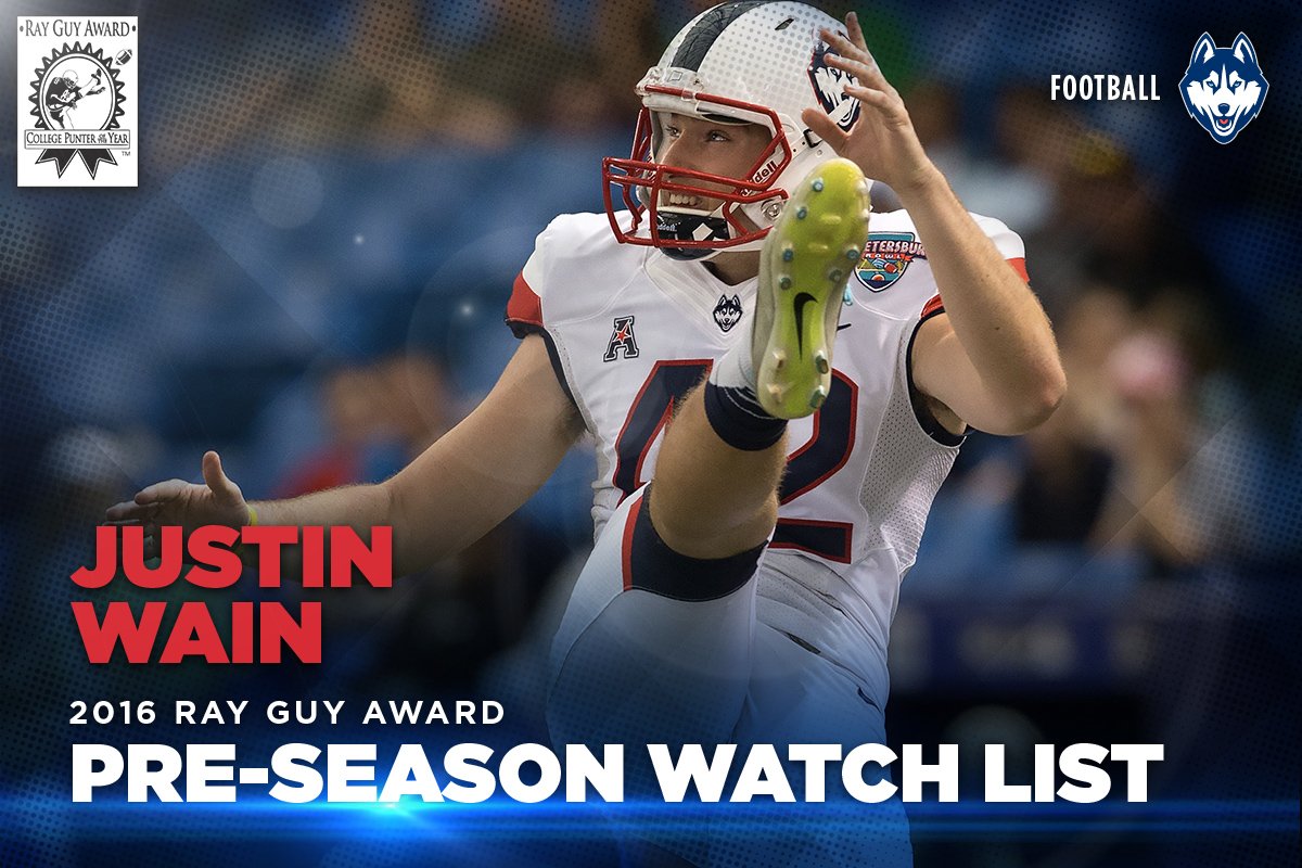 #UConn punter Justin Wain is among 28 players named to the <a href="/RayGuyAward/">Ray Guy Award</a> Watch List

RELEASE: bit.ly/29kI1Np