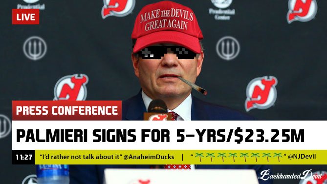 BackhandedDevil's tweet photo. Let's go live to The Rock for Ray Shero's press conference on @kylepalmieri's new 5-year contract https://t.co/4pEsFJb133