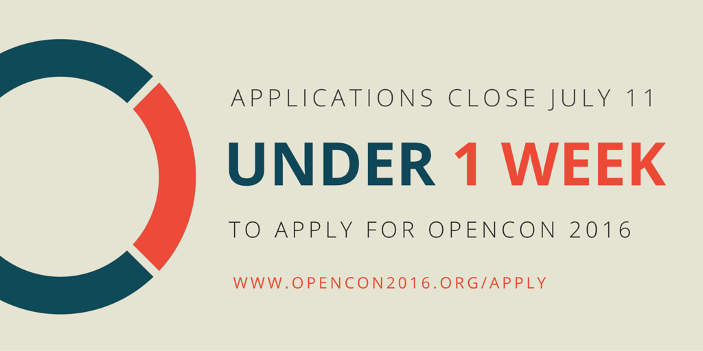 open_con's tweet photo. July 11 is the final day to apply for #OpenCon 2016. Head over to https://t.co/ICD9r9HIh9 and submit your app today! https://t.co/LZ6rXXchwU