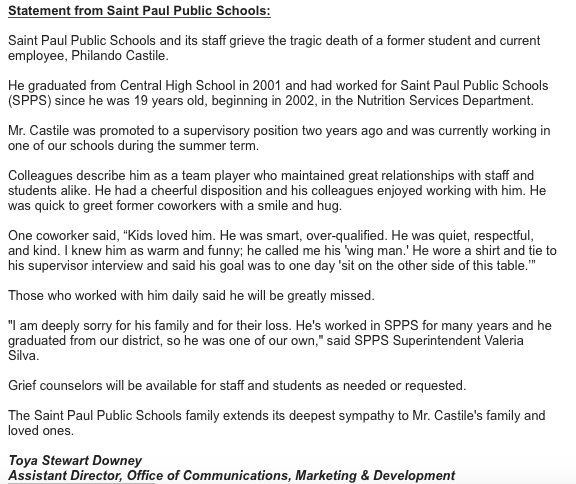 kylegriffin1's tweet photo. "One of our own."

That's how #PhilandoCastile was described by Saint Paul Public Schools, where Castile worked: https://t.co/ZRrSpokwNi