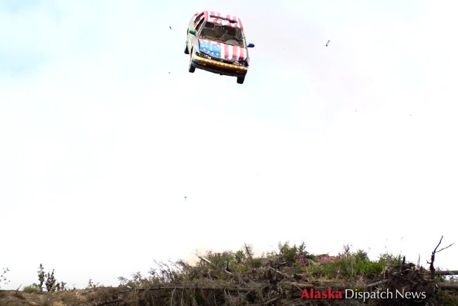 bangshift's tweet photo. Oh, you shot off fire works on July 4th? These Alaskans launched cars off a cliff! They win. https://t.co/aI2Or1gnzY https://t.co/pSkgwotgKE