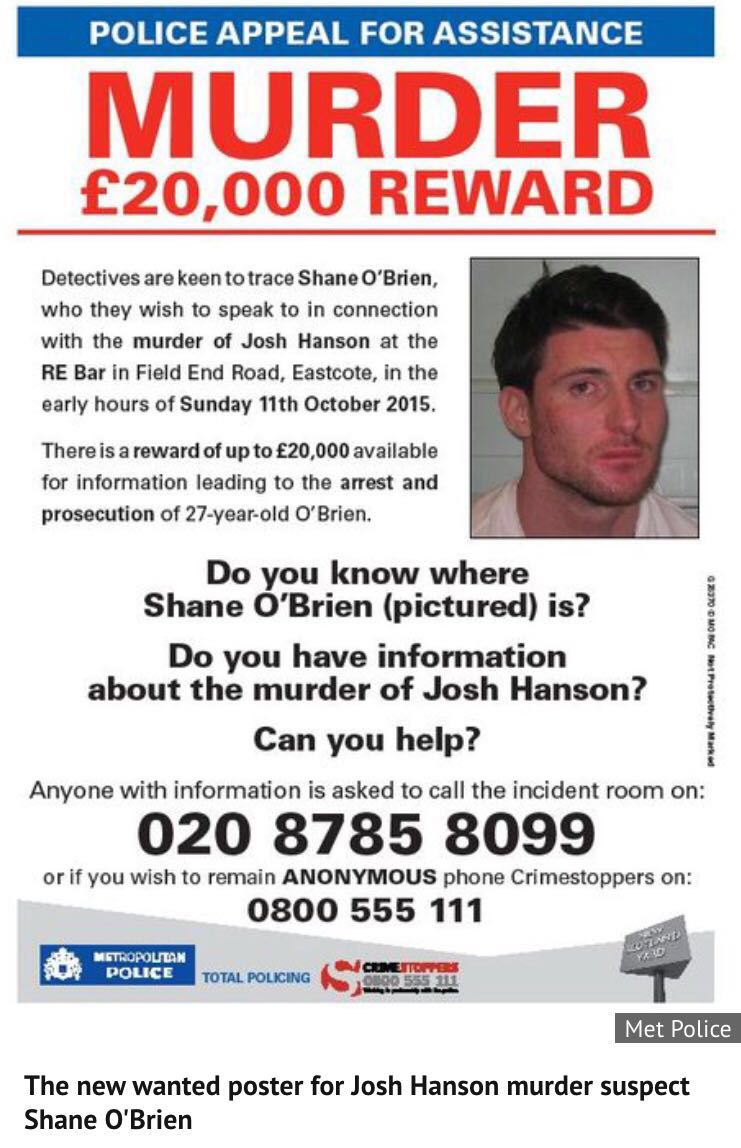 WembleyCrime's tweet photo. @DubaiPoliceHQ Please kindly 're-tweet' this #Police #Appeal. #Wanted #ShaneOBrien for #Murder of #JoshHanson https://t.co/MFBZaie4by