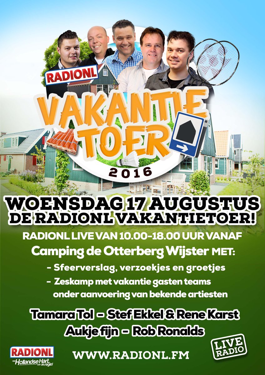 <a href="/radionlfm/">RADIONL</a> komt 17 aug. weer naar  de camping! Met <a href="/stefekkelkampen/">Stef Ekkel</a> <a href="/renekarst/">R E N E K A R S T</a> <a href="/aukjefijn/">Aukje Fijn</a> <a href="/TamaraTol/">Tamara Tol</a> en Rob Ronalds
