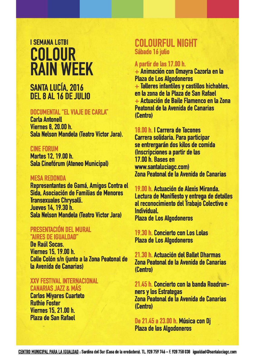 psoegc's tweet photo. 1º Semana #LGTBI en #SantaLucía. @CarlaAntonelli presenta @elviajedecarla en la #ColourRainWeek. Te esperamos! @PSOE https://t.co/vibQGqgtgm