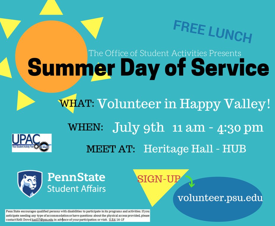 penn_state's tweet photo. Lend a hand + get a free lunch. Saturday's Day of Service will assist at 100 spots. Sign up: https://t.co/Z23xZdWUMB https://t.co/IhrJMigwG8