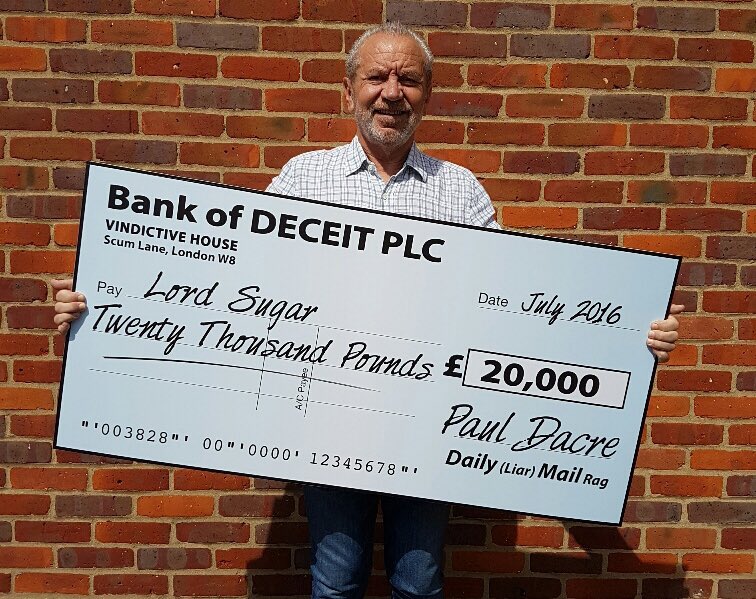 Lord_Sugar's tweet photo. Scum @DailyMailUK called me a spiv.My lawyer made them pay £20k and make a retraction.I'll donate the £20k to GOSH https://t.co/bFbdvdDnrS