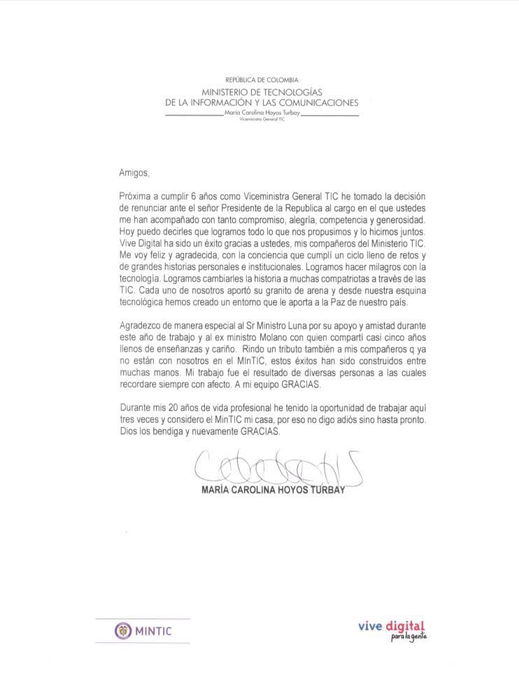 MCarolinaHoyosT's tweet photo. Gracias de corazón a mis compañeros del @Ministerio_TIC. Logramos hacer milagros a través de las TIC. https://t.co/yEq0D0T8HR