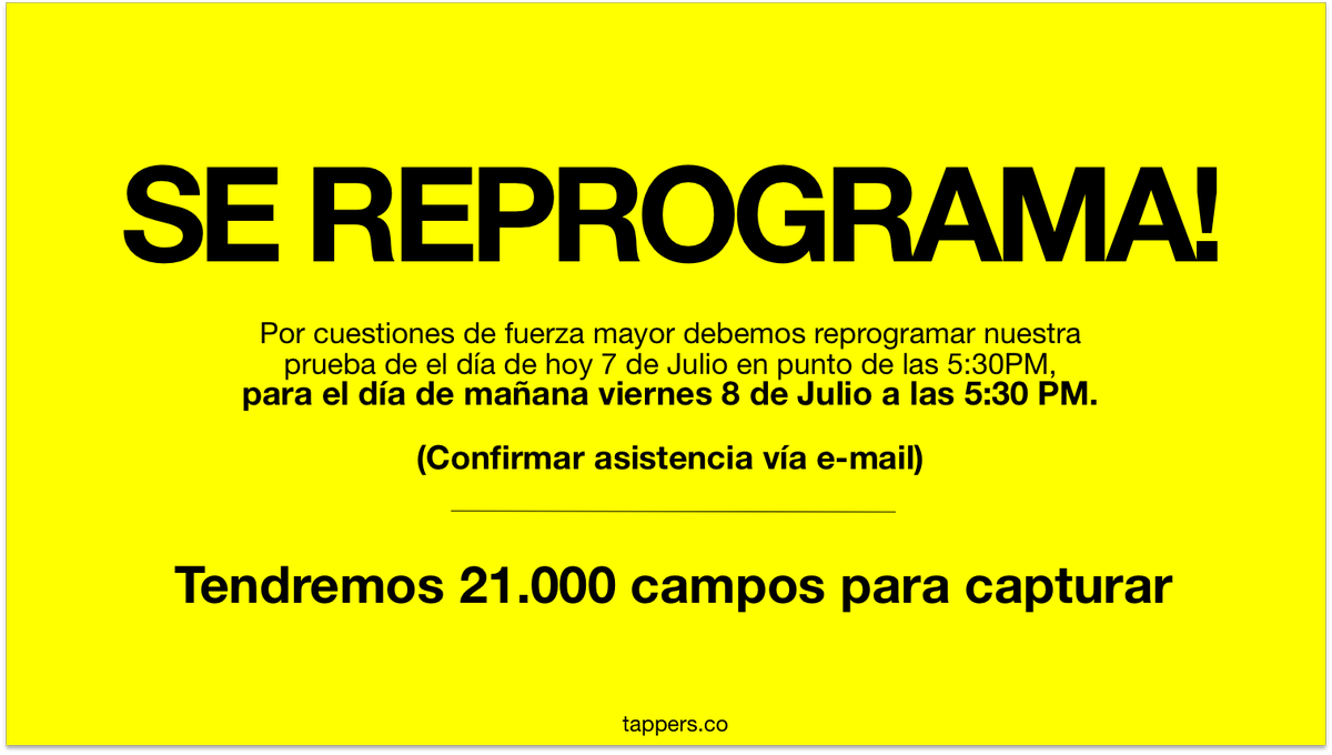 tappers_co's tweet photo. Se reprograma prueba para el día de mañana viernes 8 de julio en punto de las 5:30PM-confirmar asistencia vía e-mail https://t.co/43rq1JLV90