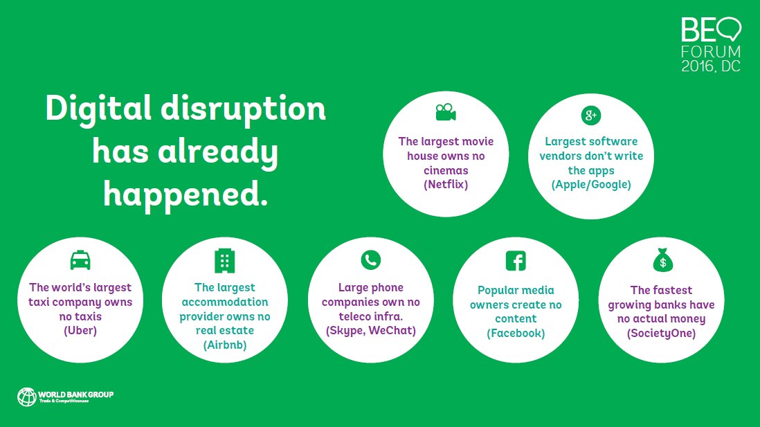 WBG_Digital's tweet image. "The world's largest taxi company owns no taxis." Digital disruption in the #sharingeconomy: wrld.bg/99CU3021L2A