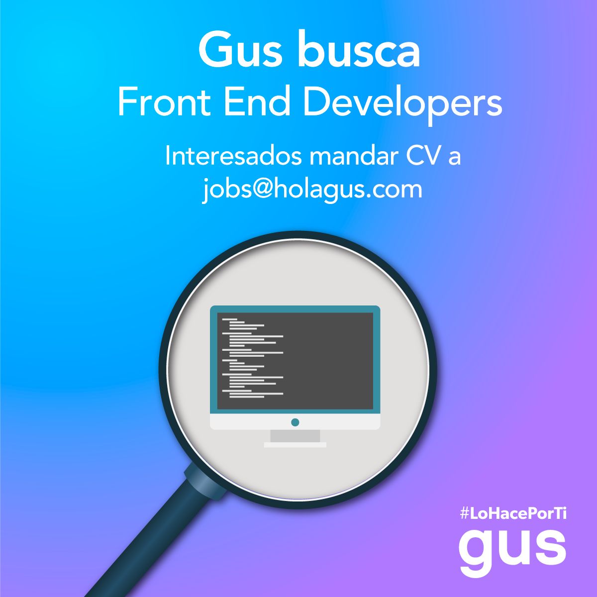 HolaGus_Mx's tweet photo. Gus busca Front End Developer con conocimiento de NodeJS, JS, CSS, Git, Angular, React, Jade, Mustache, CoffeeScript https://t.co/N2xBo6gNY3