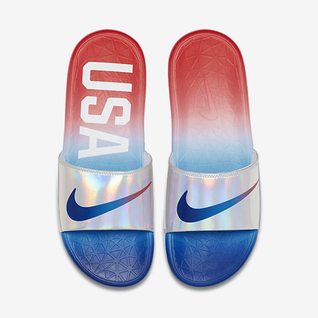 blue and red nike slides