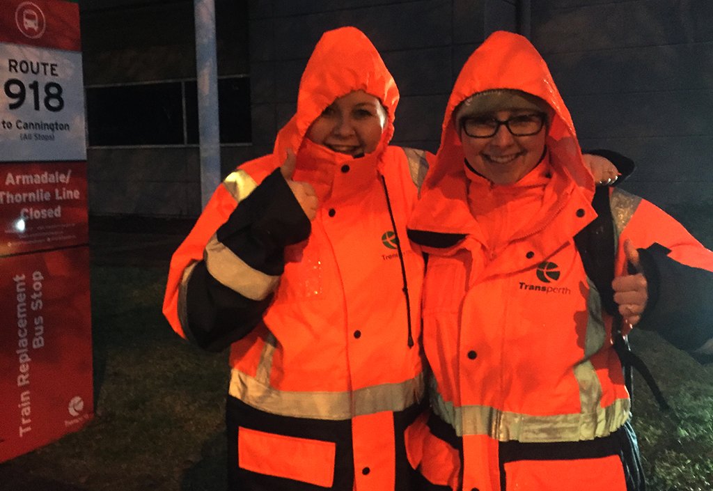 Transperth's tweet image. Rain, hail, shine or snow, we'll still be out here getting you where you need to go! Happy Friday passengers!