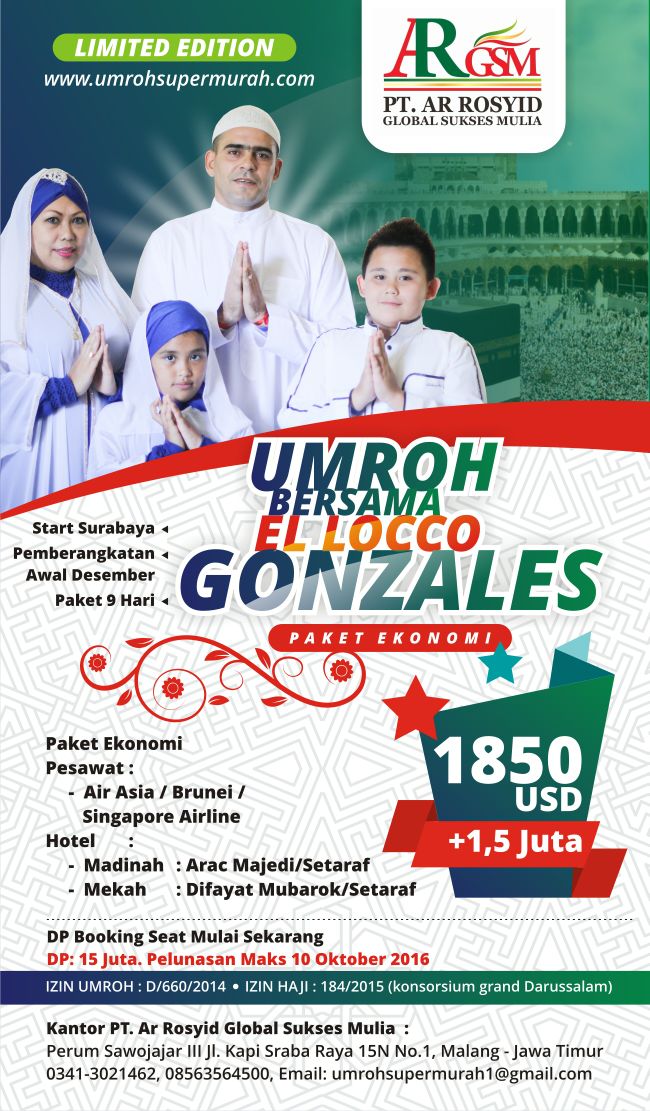 Kapan lagi umroh bersama Elloco Gonzales..Amankan seat anda..Limited Edition seat terbatas...Paket Hemat / Ekonomi