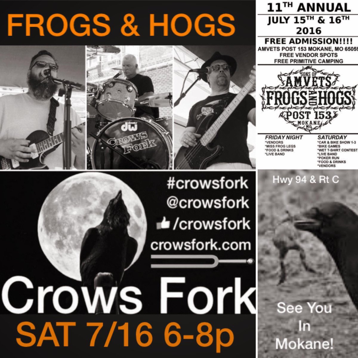 CrowsFork's tweet image. Just Announced! #frogsandhogs2016 in #mokanemo #crowsfork live! #froglegs #harleys #motorcycles Sat 7/16 6-8p #rock