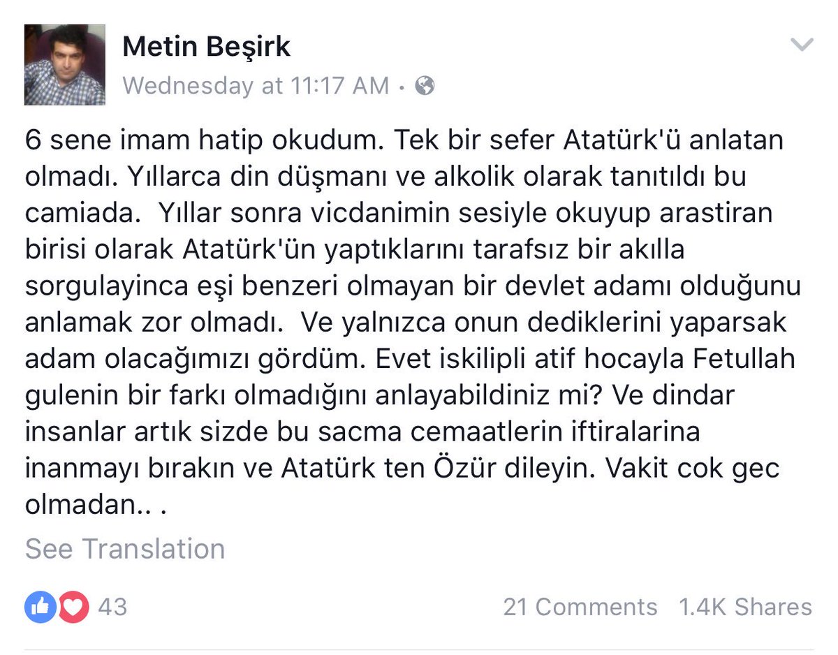 Atatürk'ün devlet içinde cemaatleri istememesinin sebebi bugün sizlerin Fetö'yü istememe sebebi aynı, laiklik şart.