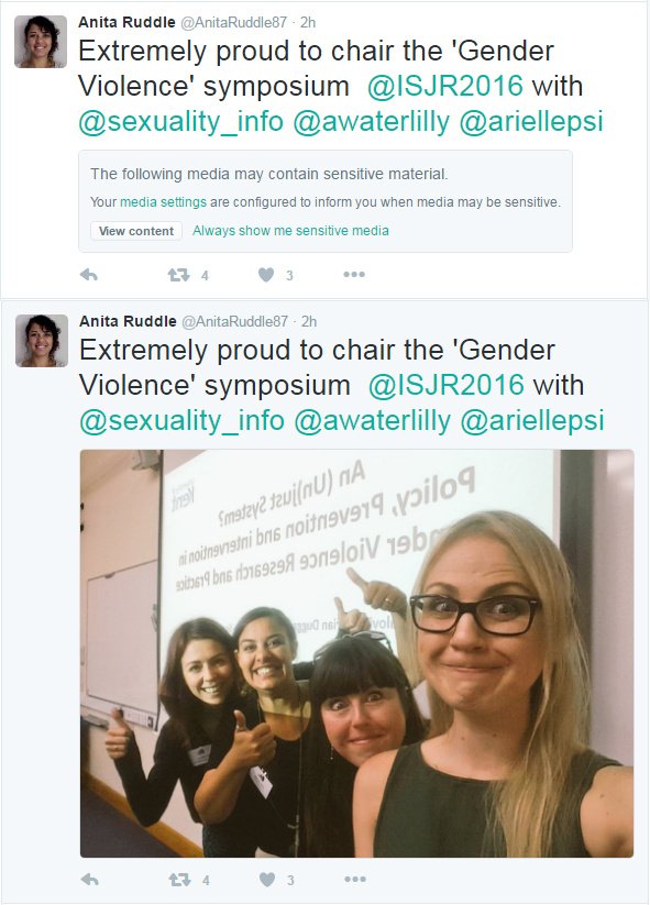 CaoilteOCiardha's tweet photo. Twitter did try to warn me! @AnitaRuddle87 @ariellepsi @sexuality_info @awaterlilly #ISJR2016 https://t.co/lJ1jMx3YWo