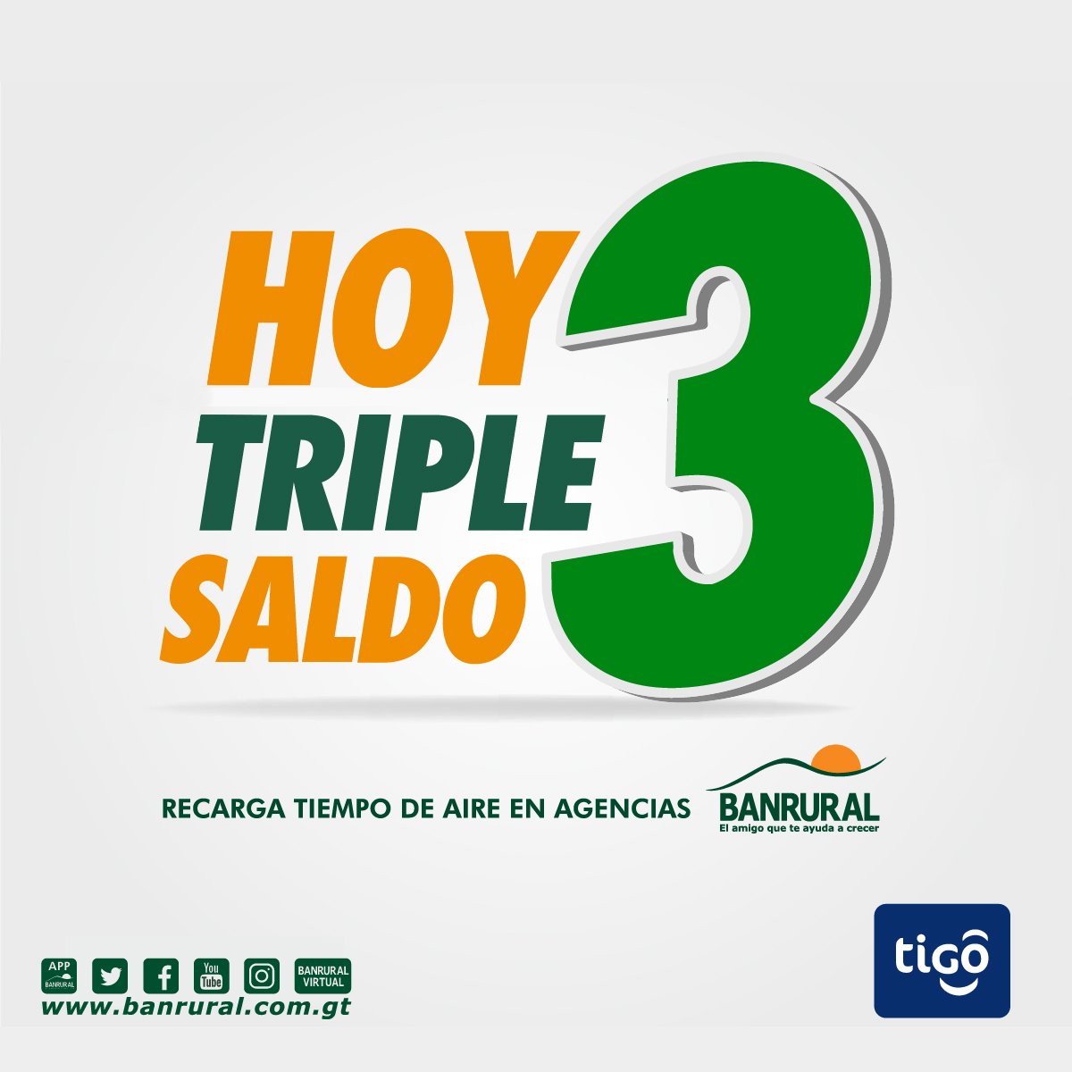 banruralgt's tweet photo. ¡Aprovecha el triple saldo en recargas electrónicas #TIGO desde Q5! :D

#Banrural https://t.co/RDXX7nc4ct