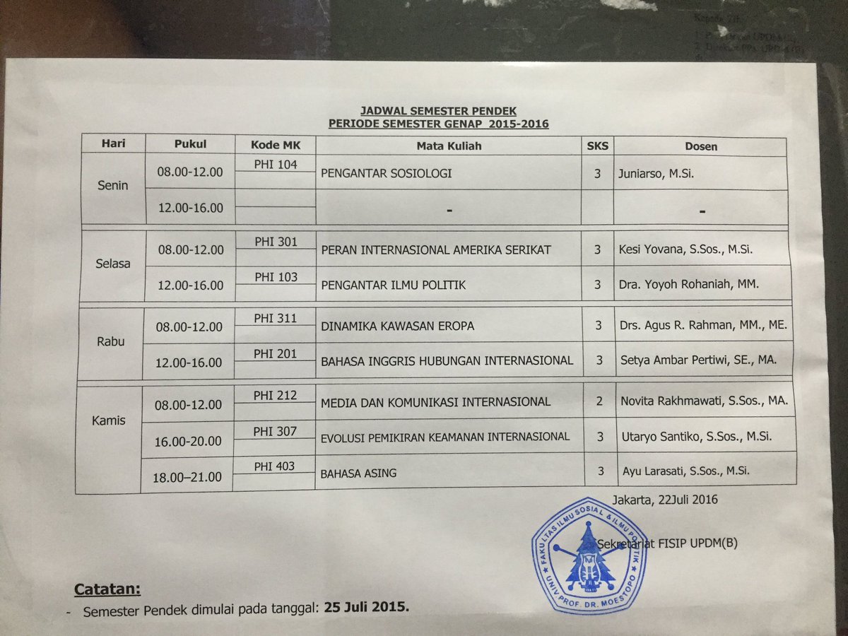 Jadwal semester pendek periode semester genap 2015-2016