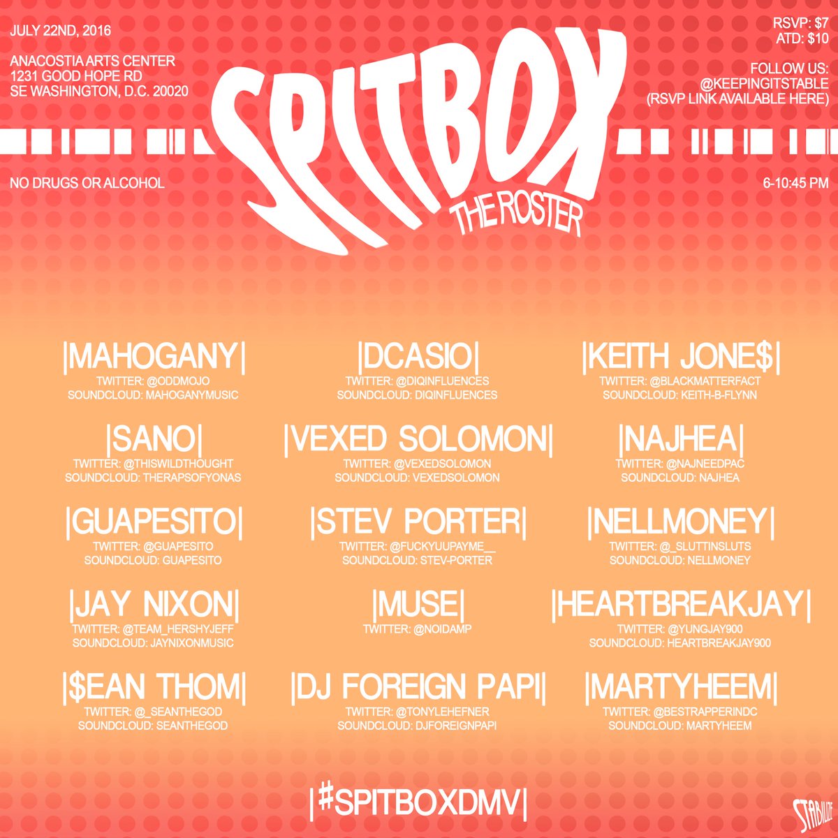 KeepingItStable's tweet photo. TONIGHT! #SPITBOXDMV AT THE ANACOSTIA ARTS CENTER!! 6-10:45! WE GON GET LIT! https://t.co/0A0gTXqiNY