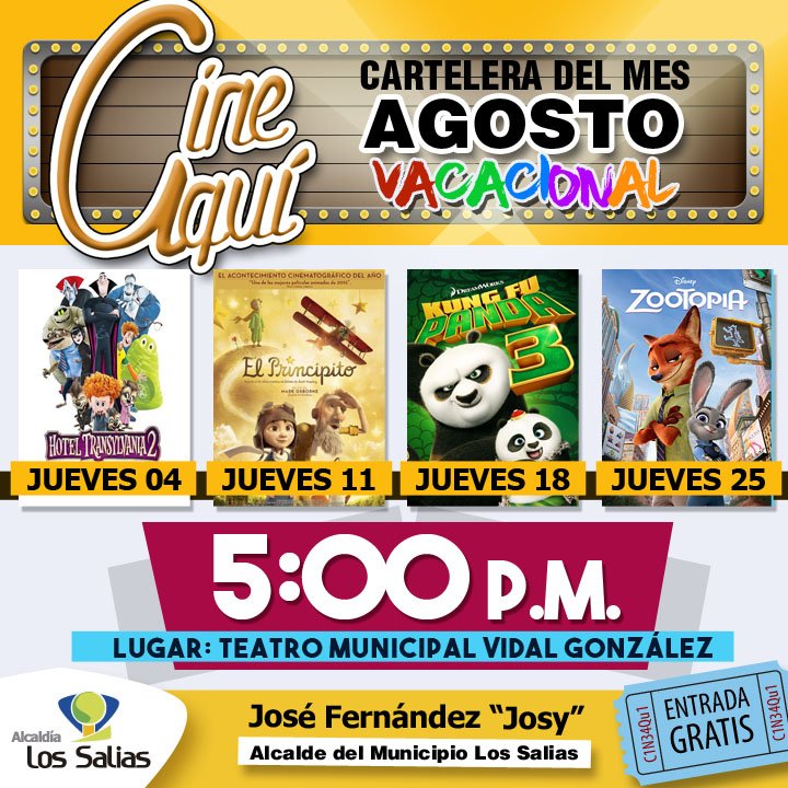 CulturaSAA's tweet photo. En agosto:Cine Aquí Vacacional. Todos los jueves. 5PM. Teatro municipal. Entrada gratis. @DeportesSAA @JuventudSAA https://t.co/9u30XLa31p