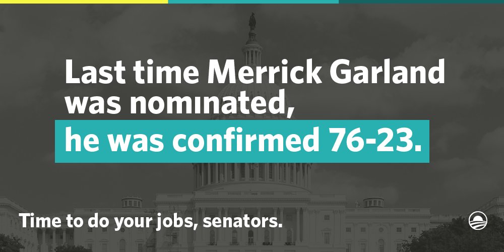 BarackObama's tweet image. A reminder for Senate leaders: Judge Garland has had strong bipartisan support in the past. #DoYourJob