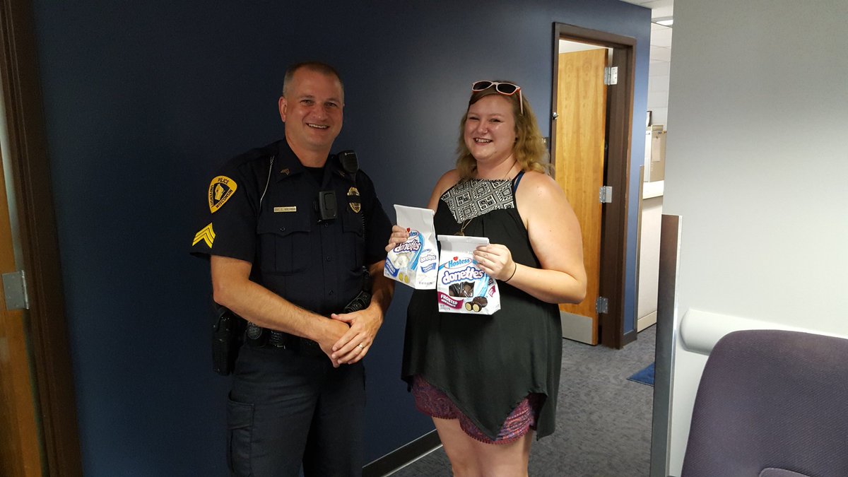 UWEC_POLICE's tweet photo. Thank you #UWEC alum @allie_krause for the treats. We appreciate the support. 602 #BackTheBlue #donuteating https://t.co/lZAMfXayxa