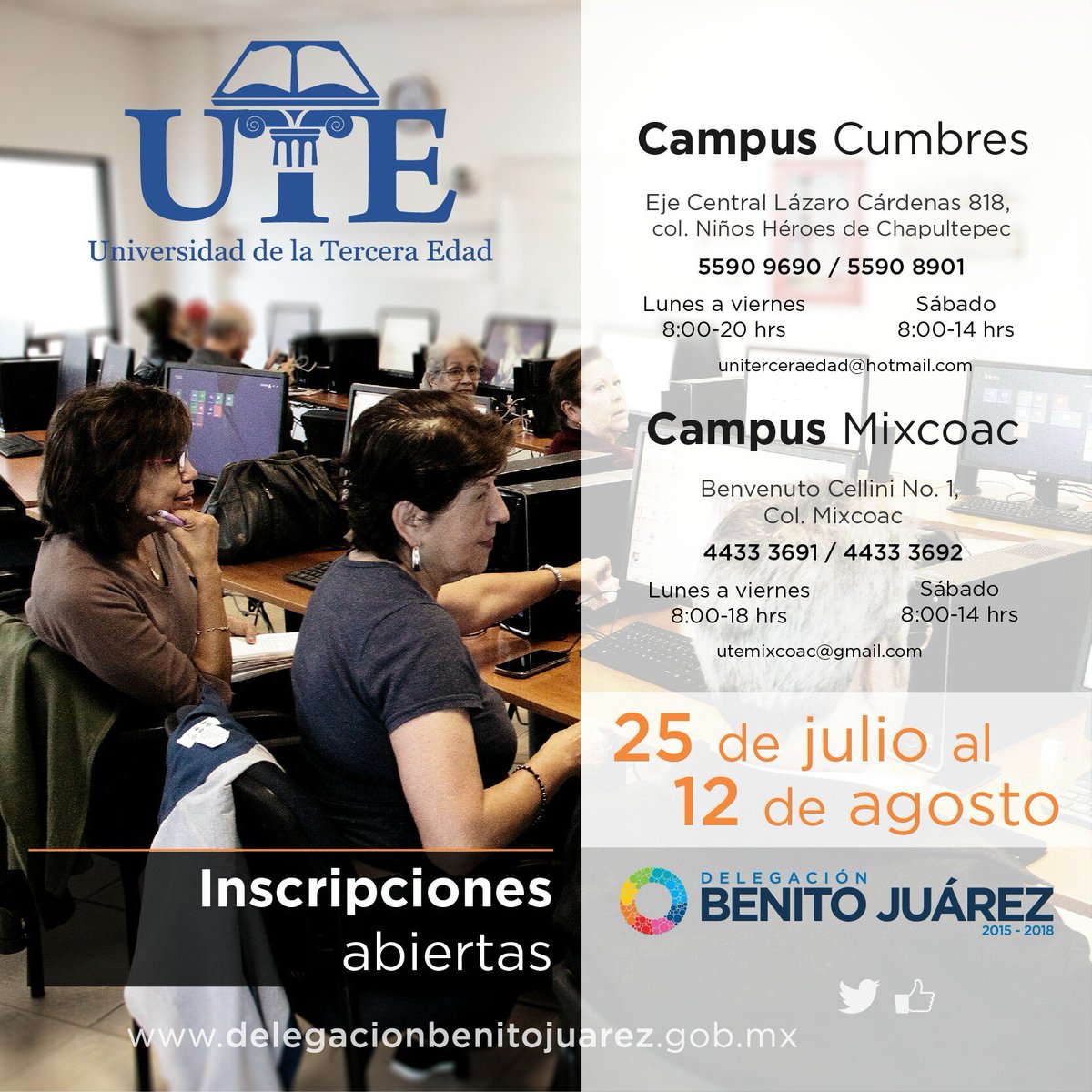 BJAlcaldia's tweet photo. Nuestras Universidades de la Tercera Edad son únicas en la CDMX. Los invitamos a que se inscriban. #UTEBJ. https://t.co/GvaZ7cQblJ
