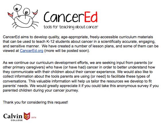 CalvinCancerEd's tweet image. @Michelle_RTR Hi! We are students from Calvin College. We would love your help! #RollTide cancered.org/surveys/