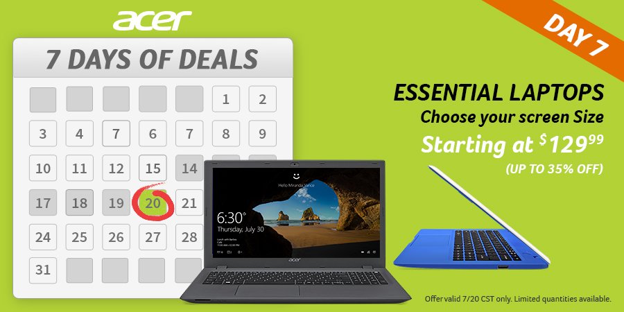 acerstore's tweet photo. Last daily deal ends tonight! Essential laptops starting at $130! https://t.co/aeWFcIibDd https://t.co/yYxOqUJeyN