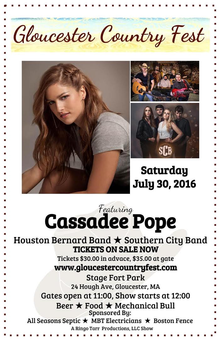 NECntryMusic's tweet image. #GloucesterCountryFest: 7/30 featuring @CassadeePope, @HoustonBernard and @SCB_Music! Tix: brownpapertickets.com/event/2544760