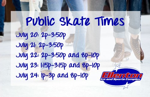 EllentonIce's tweet photo. Beat the heat and join us for public skating. The cost is $10 ($8 for ages 55+). Skate rental is $5. #IceSkating https://t.co/f7n9k1qTnl