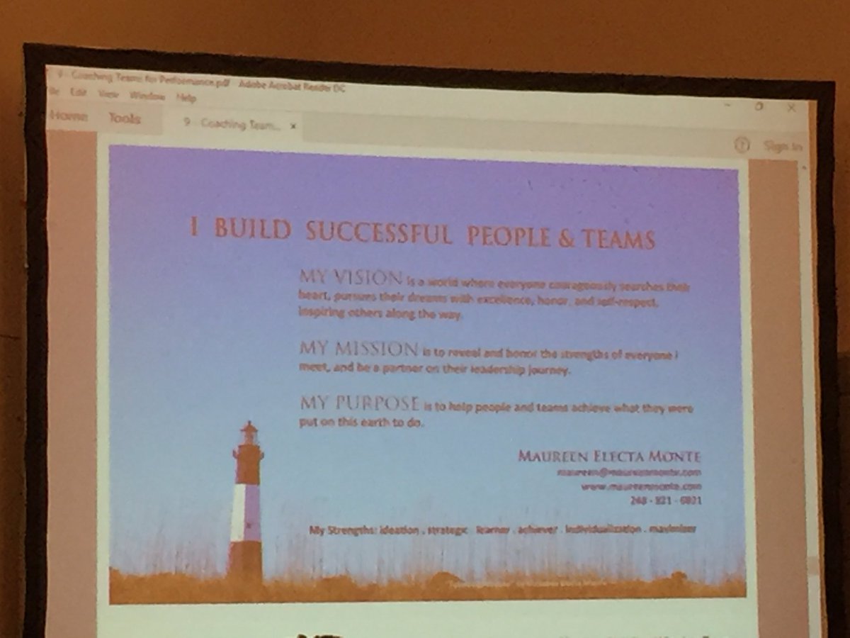 1 of the MANY nuggets from <a href="/maureenemonte/">Maureen Electa Monte</a>. As a coach get clear on your vision, mission &amp; purpose. #CliftonStrengths