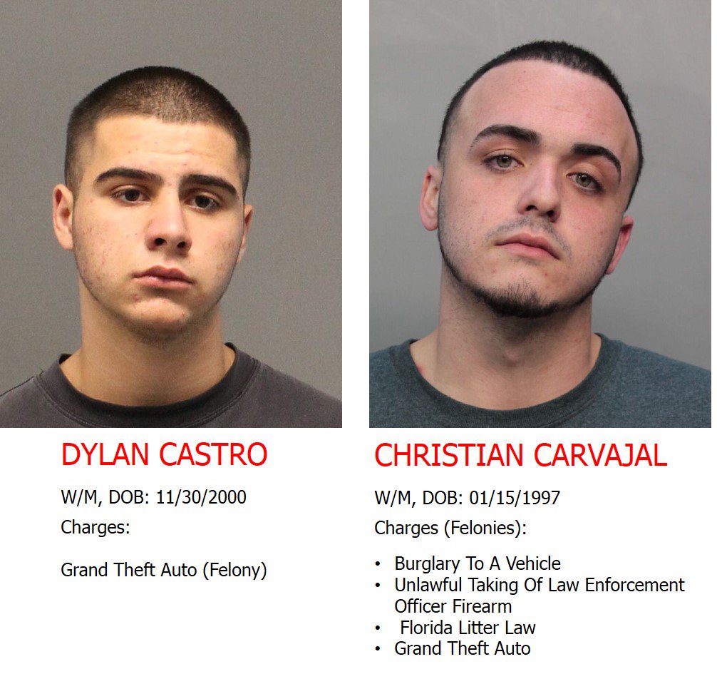 MiamiDade_SO's tweet photo. #BreakingNews: MDPD arrests two in connection with the theft of an unmarked police vehicle. Weapons recovered. https://t.co/adR8SvkRNq