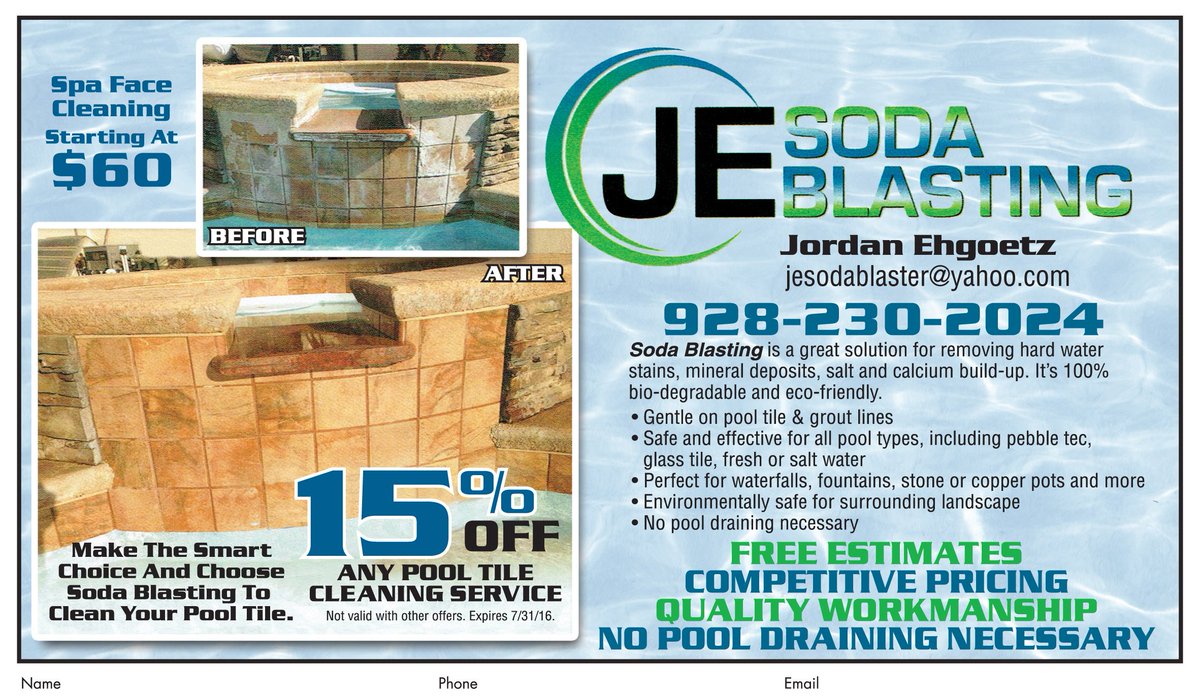 AdsPayUS's tweet photo. Need your #pooltile or #spacleaned? #JESodaBlasting easily removes #hardwaterstains & #calciumbuildup #lakehavasu https://t.co/MT5wzKxtVH