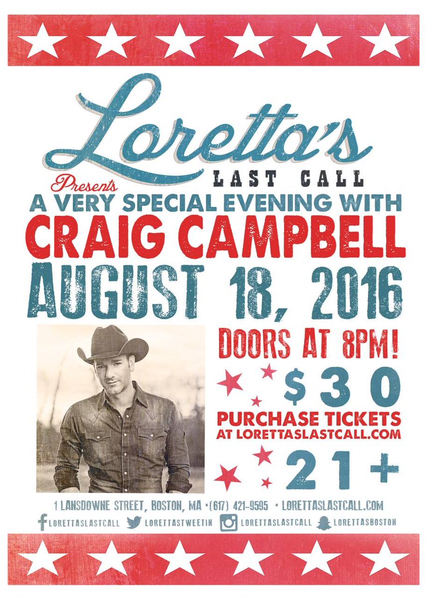 NECntryMusic's tweet image. #NECMgiveaway: RETWEET to enter to win 2 tickets to see @craigcampbelltv at @LorettasTweetin on August 18th!