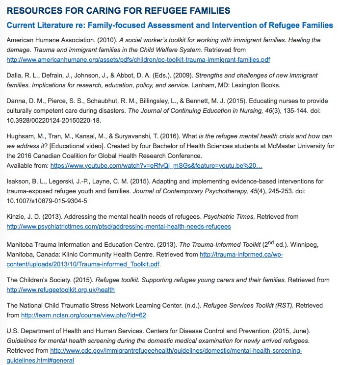 Information to guide family focused care with refugee families is available thru <a href="/IFNAorg/">IntlFamNursingAssoc</a>: internationalfamilynursing.org/2016/02/18/car…