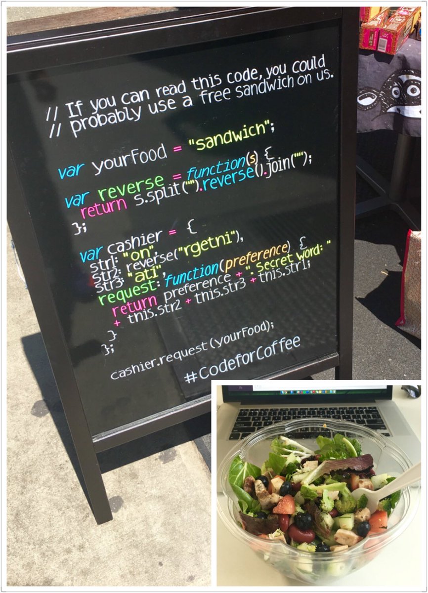renyuan1010's tweet image. Knowing how to code does have its perks. #CodeForCoffee #freeSalad