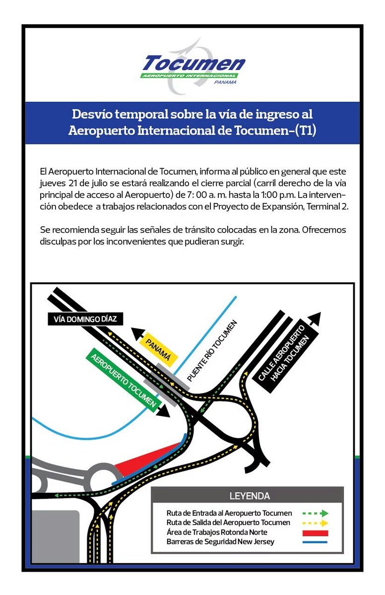 Traficologo1's tweet photo. Anuncia cierre parcial de acceso vial en @Tocumen_Aero para este 21 julio. https://t.co/P8Mlwe9HOI
