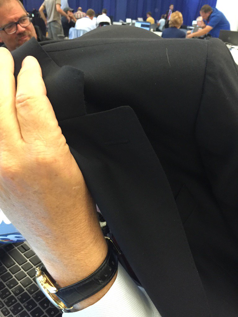 Nancyry's tweet photo. @WFLAKeith under his jacket recording audio for his 6pm pkg in a noisy workroom at #RNCinCLE https://t.co/qX5QpRQQ3f