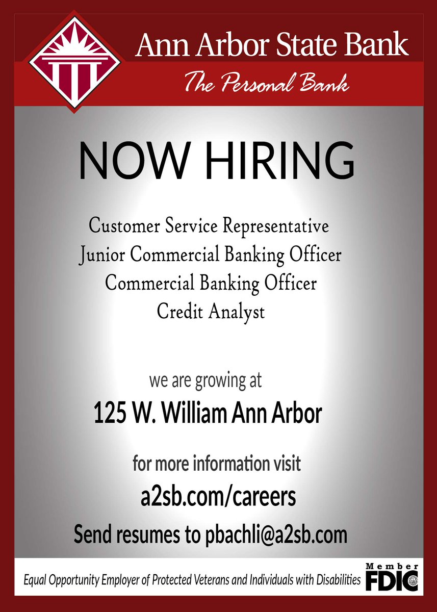 a2statebank's tweet photo. #jopopenings #a2sb #annarbor #125westwilliamstreet #careers #nowhiring #uofm #newbranch #banklocal #Jackson https://t.co/42AEpM5THv