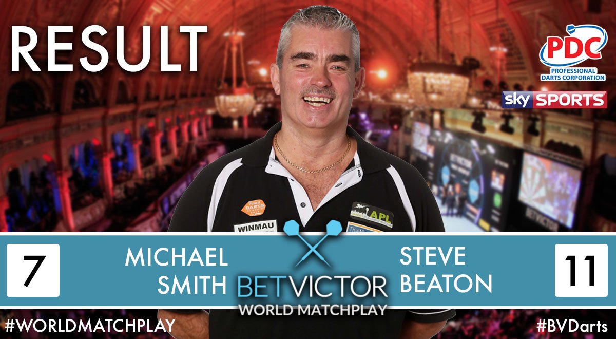 OfficialPDC's tweet photo. WINNER! Throwback in the Gardens as Steve Beaton rolls back the years with a textbook victory over Michael Smith. https://t.co/kJQb3LjQta