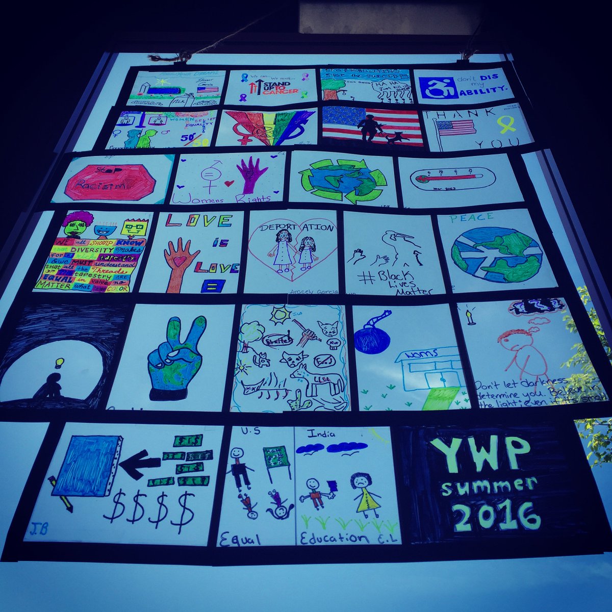 writeforchange's tweet image. 11th &amp;amp; 12th grade stained glass project! showing what we believe with powerful images #socialjustice #art #edchat