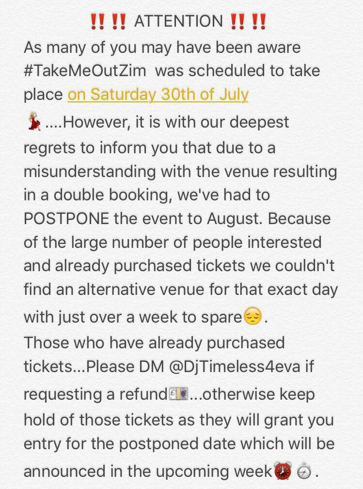nessashumirai's tweet photo. ‼️ UNFORTUNATELY #TakeMeOutZim will be POSTPONED FOR MORE INFO CONTACT @DjTimeless4eva ‼️ https://t.co/3OWlfhZyER