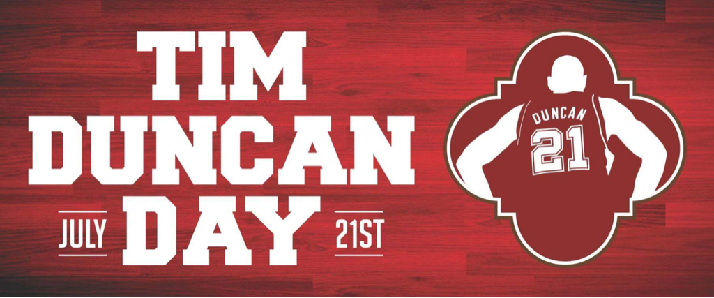 downtowncosa's tweet photo. It’s official, @IvyRTaylor dubbed Jul 21 Tim Duncan Day! Wear No.21 on Thurs. to show your support #TimDuncanDay https://t.co/eifvIYBkFc