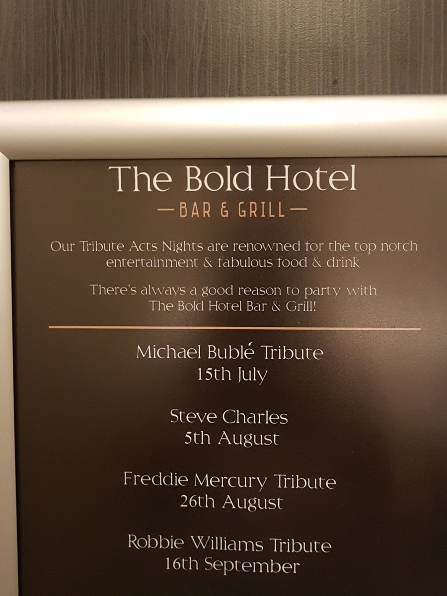 SamuelRoberts0's tweet photo. @TheBoldHotel does this mean there is a @robbiewilliams tribute act serving food and drink? Chef or waiter?#badsign https://t.co/FzineRoQda