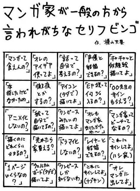 漫画家が一般の方からよく言われがちなセリフをビンゴにしてみました