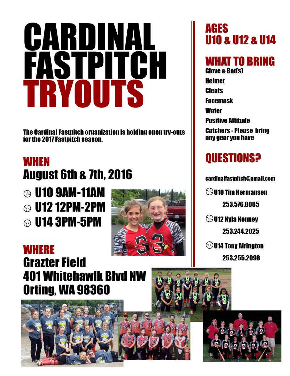 OrtingJrCardsFP's tweet photo. Cardinal Fastpitch Tryouts in Orting, August 6th and 7th. Contact us for more info! https://t.co/JLGW1L1gHo